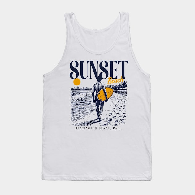 Vintage Surfing Sunset Beach, Huntington Beach, California // Retro Surfer Sketch // Surfer's Paradise Tank Top by Now Boarding